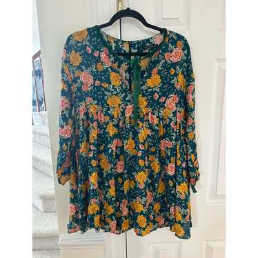 Zara Green & Yellow Rose Floral Print Velvet Trim 