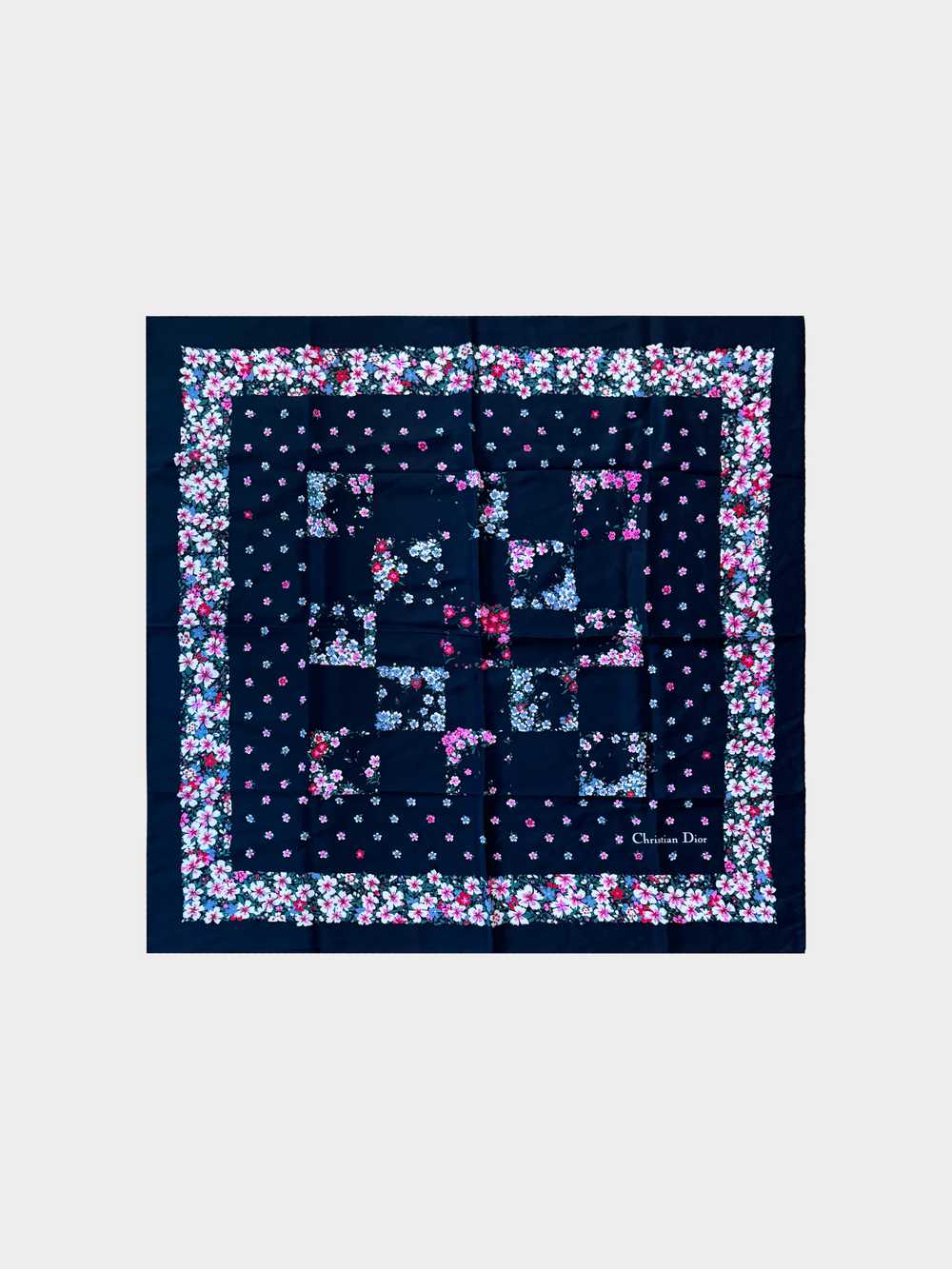 Christian Dior 2000s Navy Floral Print Silk Scarf - image 1