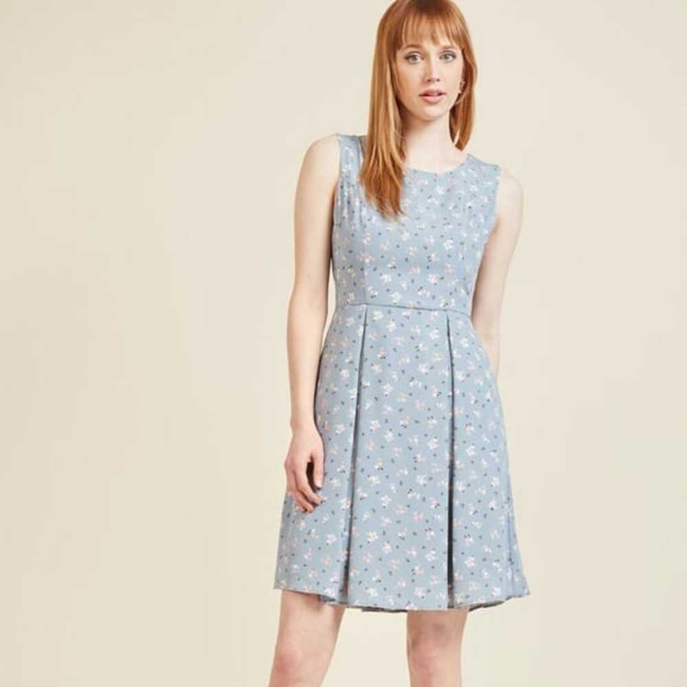 SALE Modcloth Poodle Floral Blue A-Line Fit & Fla… - image 1