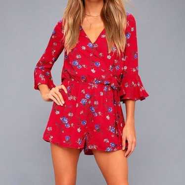 Lulus Bronwen Red Floral Tie Waist Flounce Sleeve 