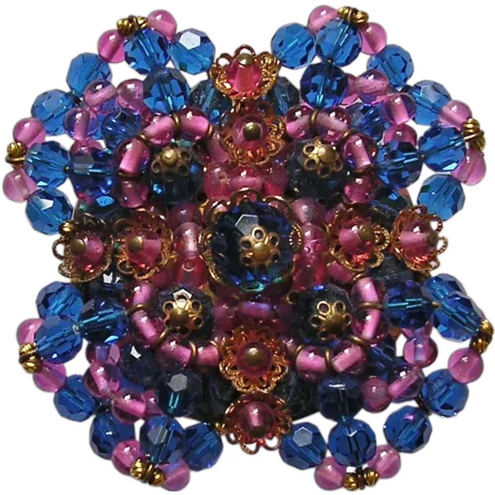 Fabulous Large Turquoise Blue & Pink Beaded Brooch - image 1