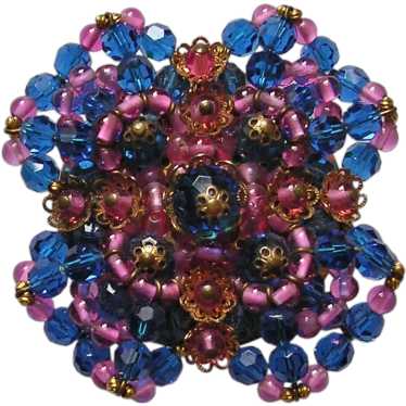 Fabulous Large Turquoise Blue & Pink Beaded Brooch - image 1