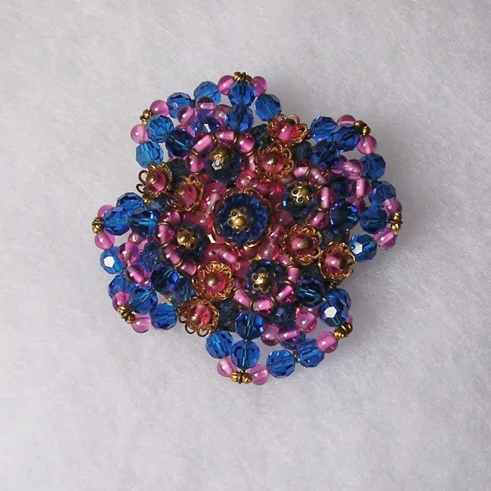 Fabulous Large Turquoise Blue & Pink Beaded Brooch - image 2