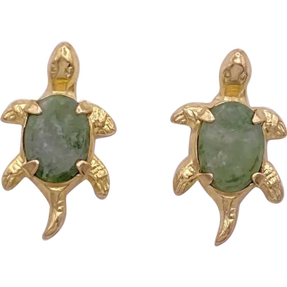 Vintage TURTLE Earrings 14K Gold and Jade, Stud - image 1