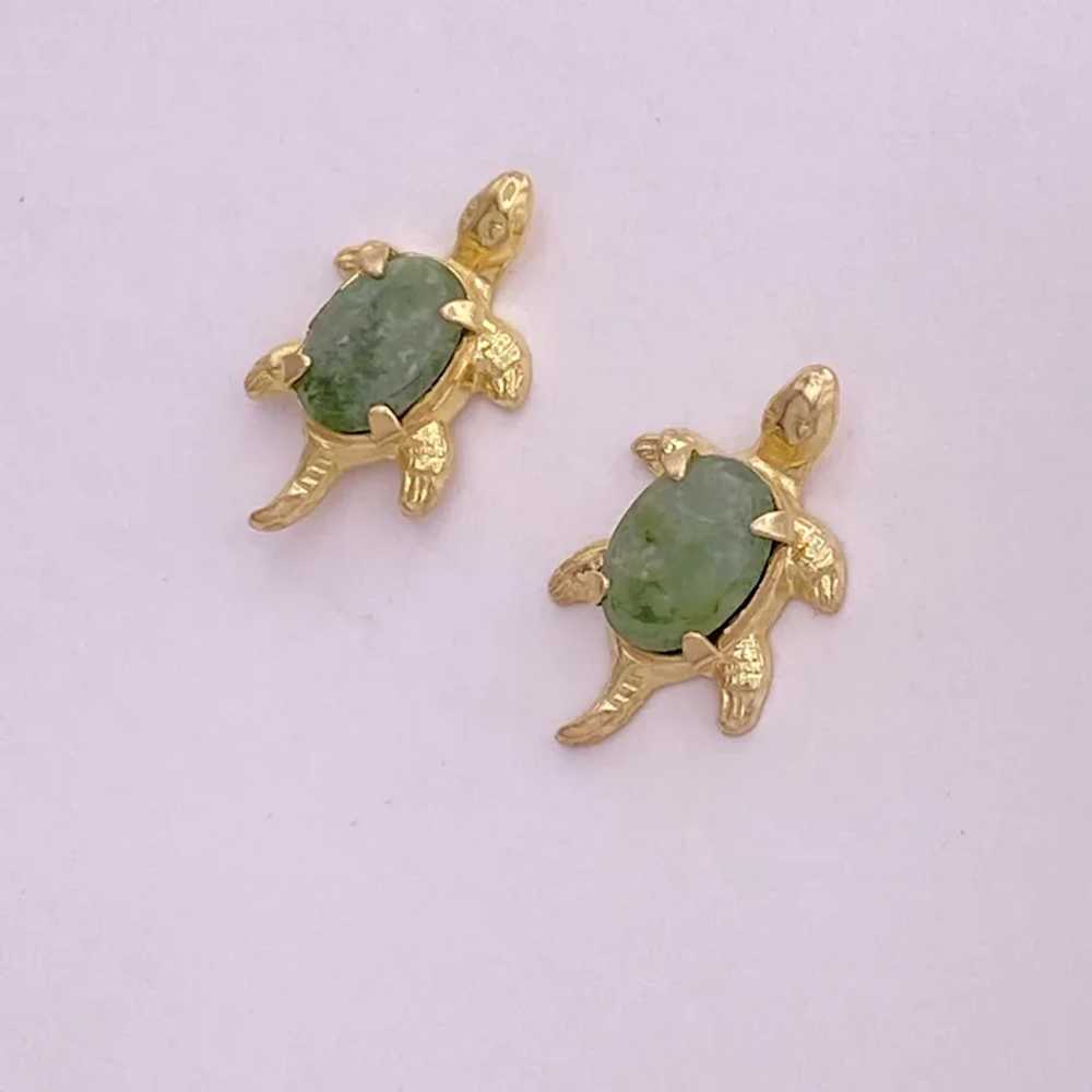 Vintage TURTLE Earrings 14K Gold and Jade, Stud - image 3