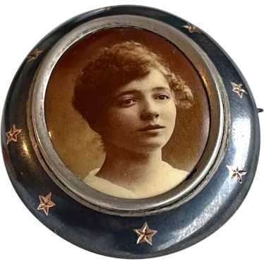 Victorian Locket Brooch with Enamel Portrait Silve