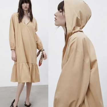 Zara Beige Poplin Hooded XL Midi Dress with V-neck