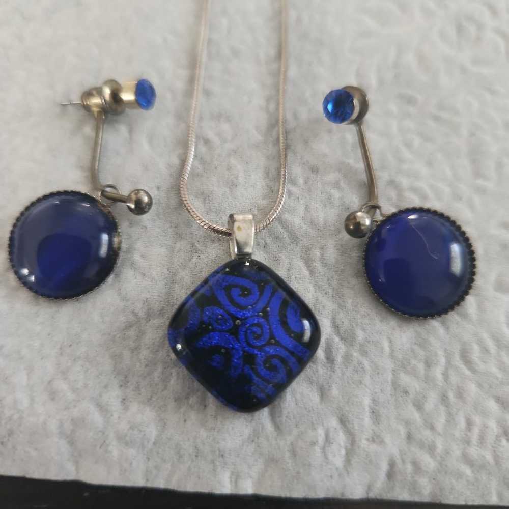 VINTAGE BLUE ETCHED GLASS EARRINGS AND NECKLACE S… - image 1