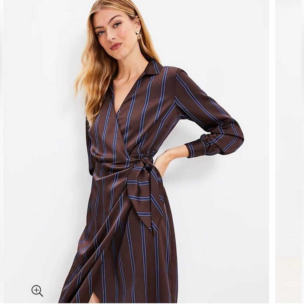 Loft Striped Satin Midi Wrap Dress, Size M - image 1