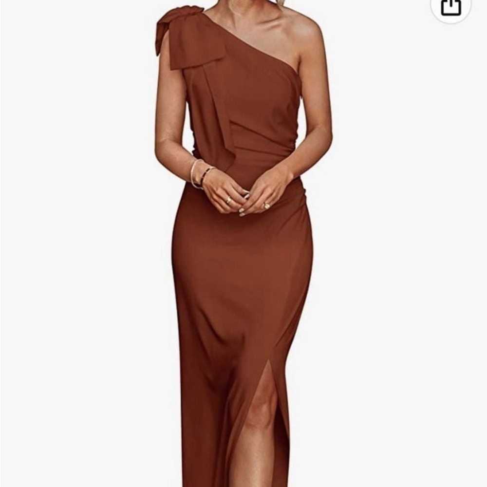 Womens classy fall brown one shoulder w bow forma… - image 1