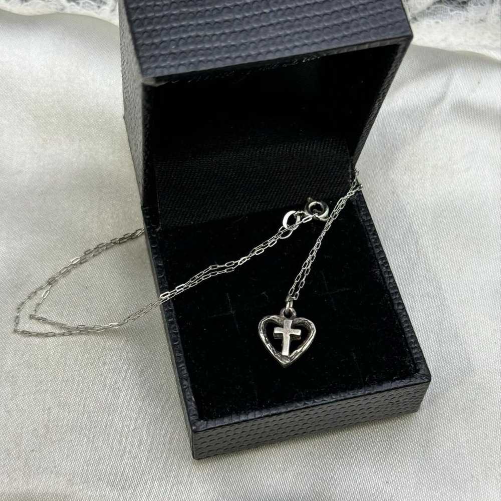 STERLING SILVER HEART CROSS VINTAGE NECKLACE - image 2