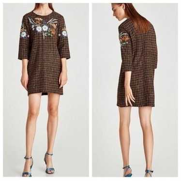 Zara Brown Orange Tweed Floral Shift Dress Size La