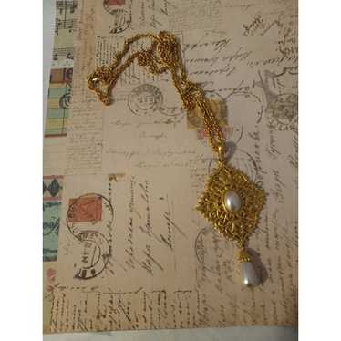 Express Vintage Gold Tone and White Bead Statemen… - image 1