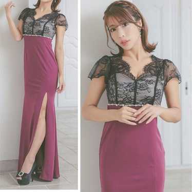 Wine red lace slit long dress, cabaret dress