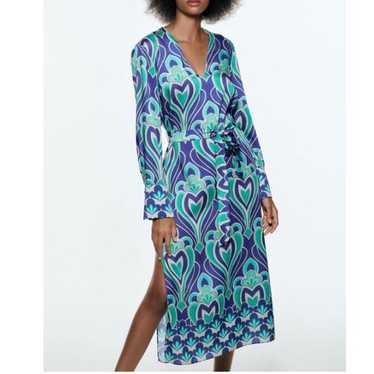 ZARA Midi Maxi Dress Size M Blue Green Print Belt… - image 1