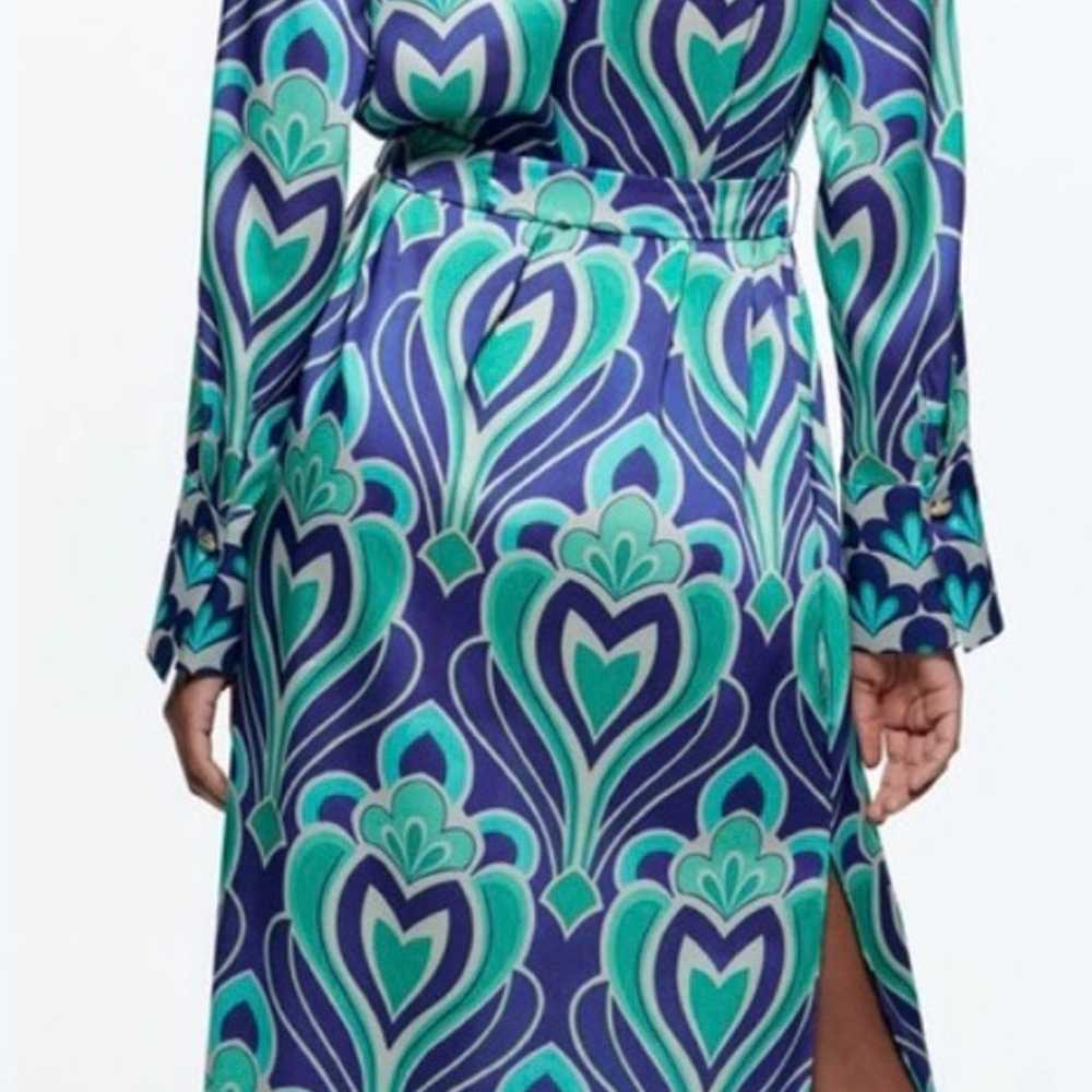 ZARA Midi Maxi Dress Size M Blue Green Print Belt… - image 2