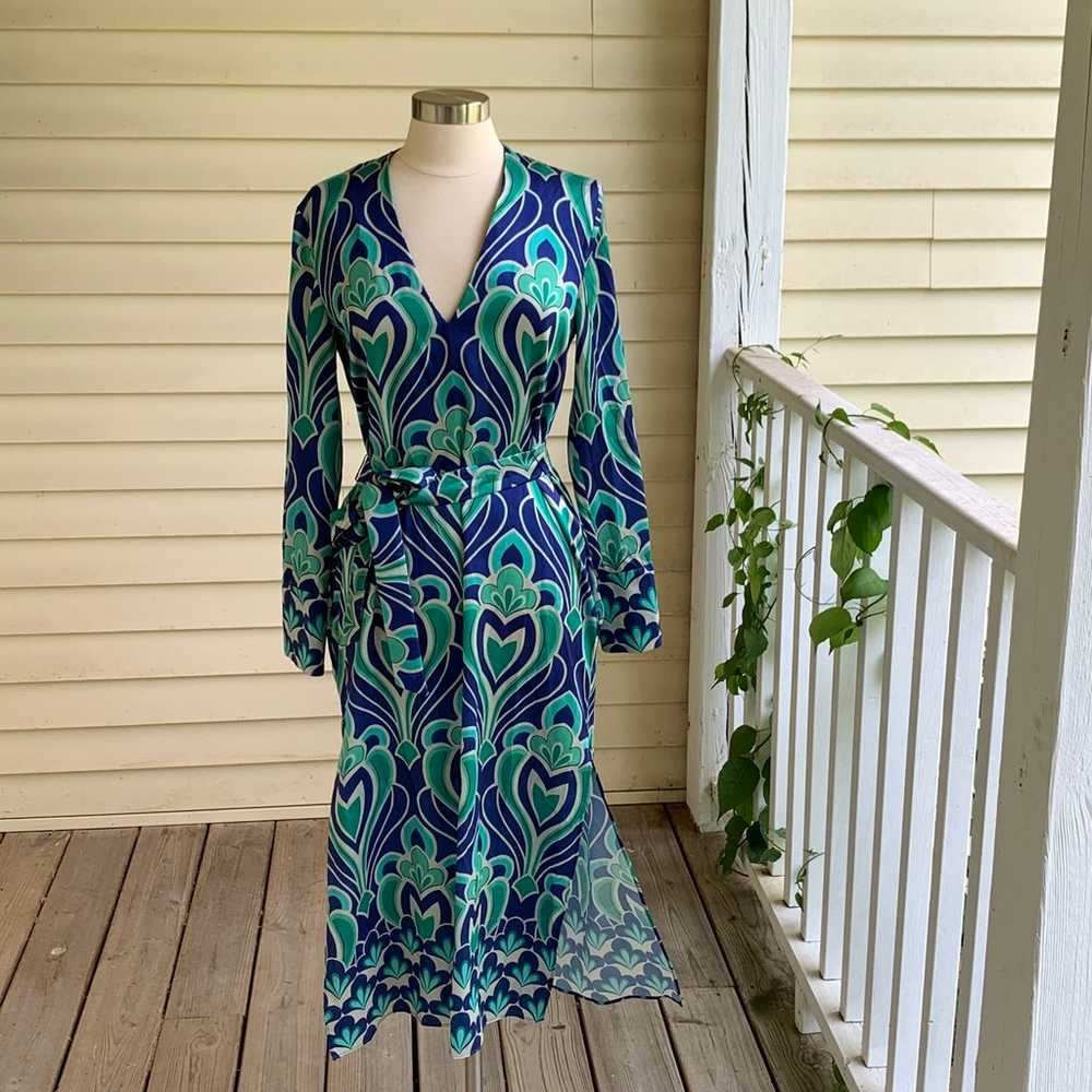 ZARA Midi Maxi Dress Size M Blue Green Print Belt… - image 4