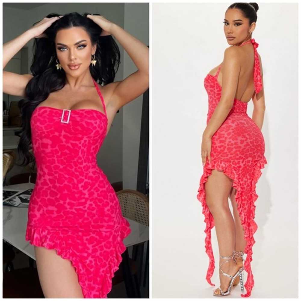 Fashion Nova Pink Red Halter Leah Mesh Mini Asymm… - image 1