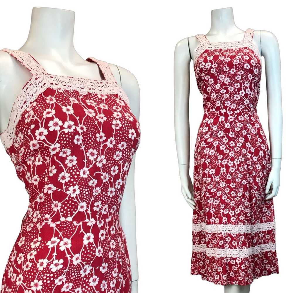 VTG 70S RED WHITE FOLK COTTON FLORAL CROCHET SUMM… - image 1