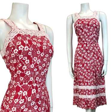 VTG 70S RED WHITE FOLK COTTON FLORAL CROCHET SUMM… - image 1