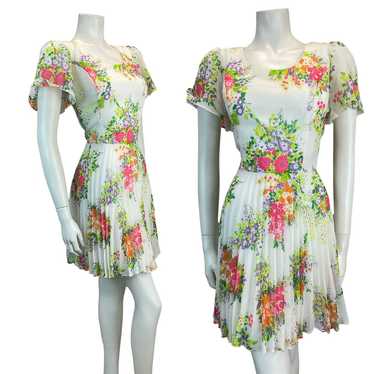 VTG 70S SPRING SUMMER SUN FLORAL CAPE SLEEVE MINI… - image 1