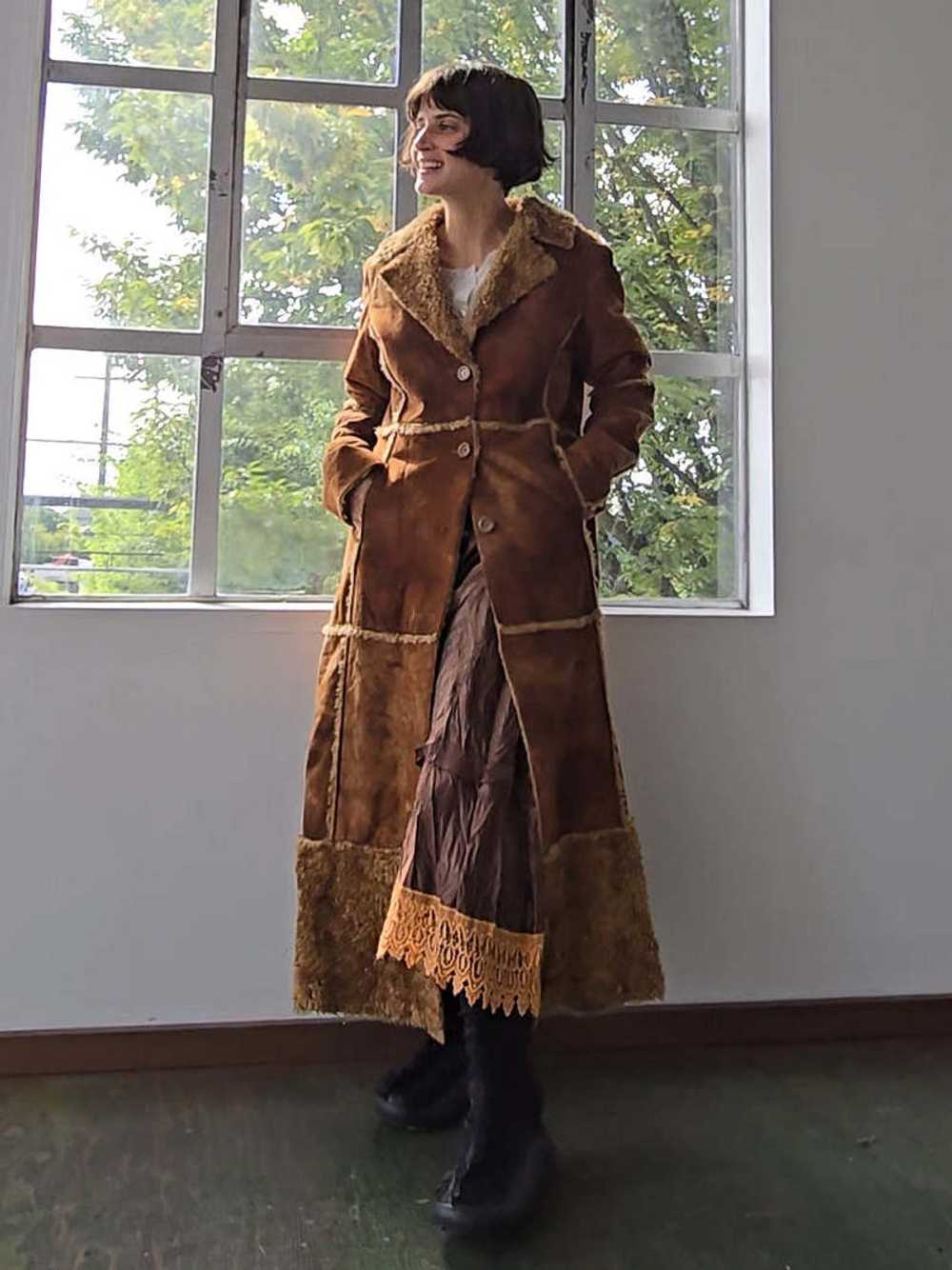 Faux Shearling Maxi Coat - Dark Brown - image 1