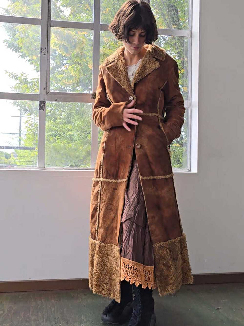 Faux Shearling Maxi Coat - Dark Brown - image 2