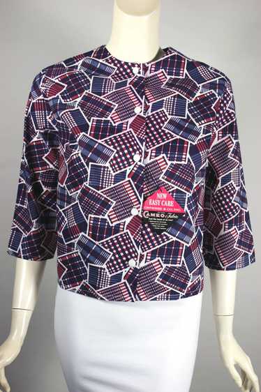 Deadstock 1960s blouse top blue red patchwork cott