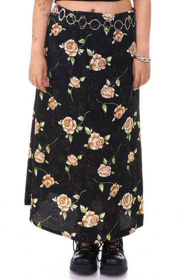 Vintage 90's Black Rose Floral Midi Skirt - M - image 1