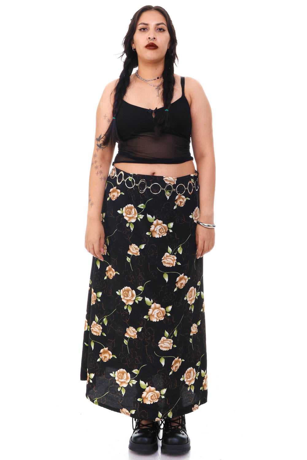 Vintage 90's Black Rose Floral Midi Skirt - M - image 2