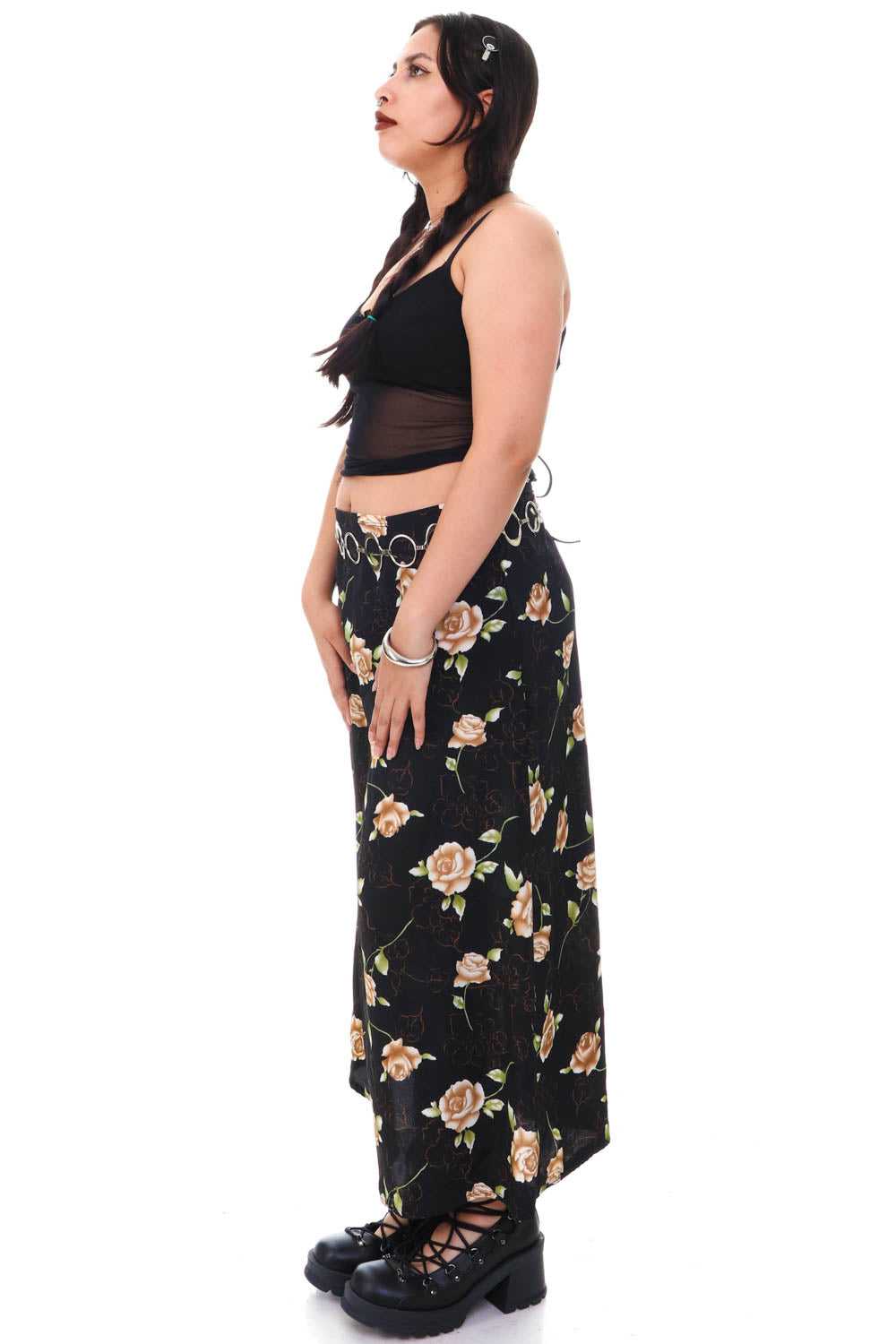 Vintage 90's Black Rose Floral Midi Skirt - M - image 4