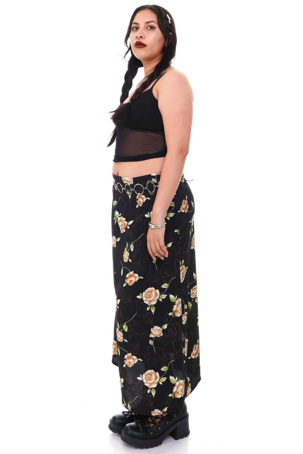 Vintage 90's Black Rose Floral Midi Skirt - M - image 5