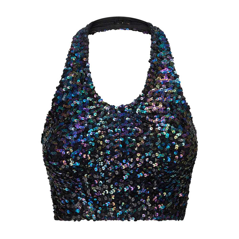 1970s Biba Black Iridescent Sequin Halter-Neck Top - image 1