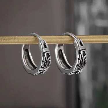 Designer sterling silver diamond accent textured hoop shops earrings