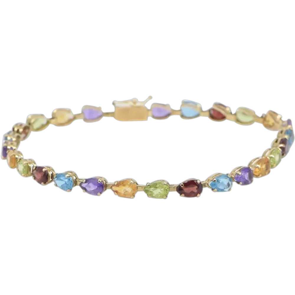 14K Pear Rainbow Gemstone Vintage Tennis Bracelet… - image 1