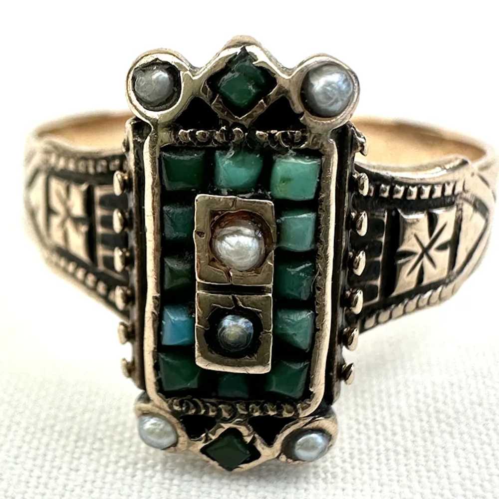 Victorian 10k Gold Turquoise and Seed Pearl Ring … - image 2