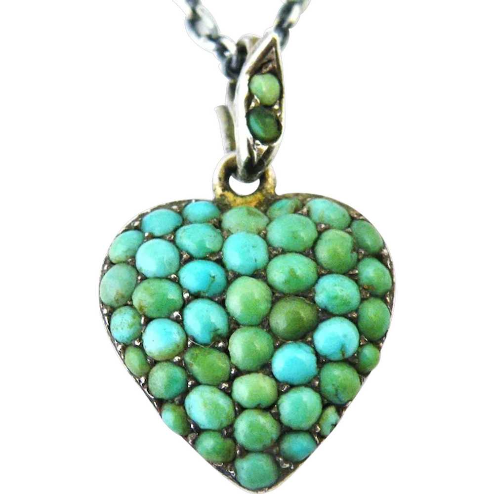 Victorian  pavé turquoise heart locket and chain … - image 1