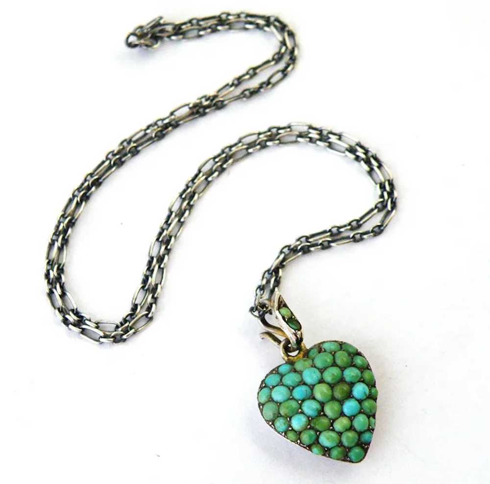 Victorian  pavé turquoise heart locket and chain … - image 4