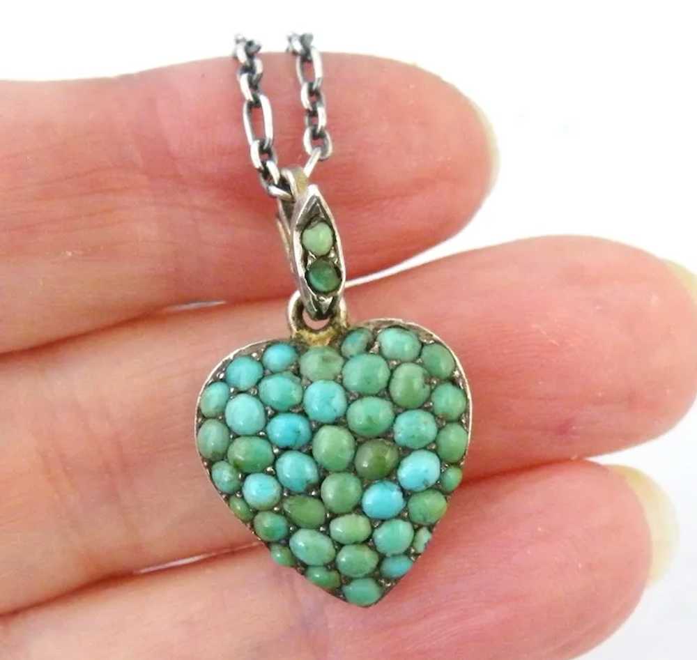 Victorian  pavé turquoise heart locket and chain … - image 7