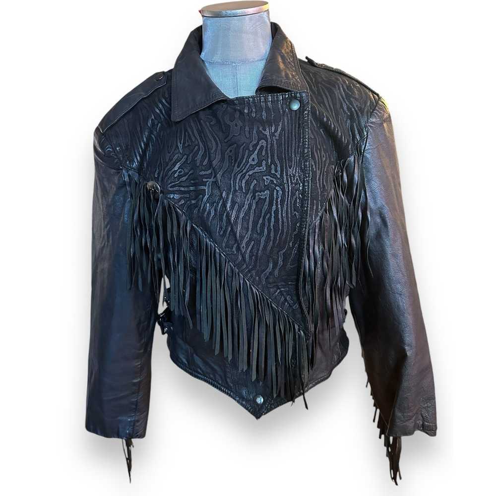 Vintage CHIA Black Leather Fringe Biker Motorcycl… - image 1