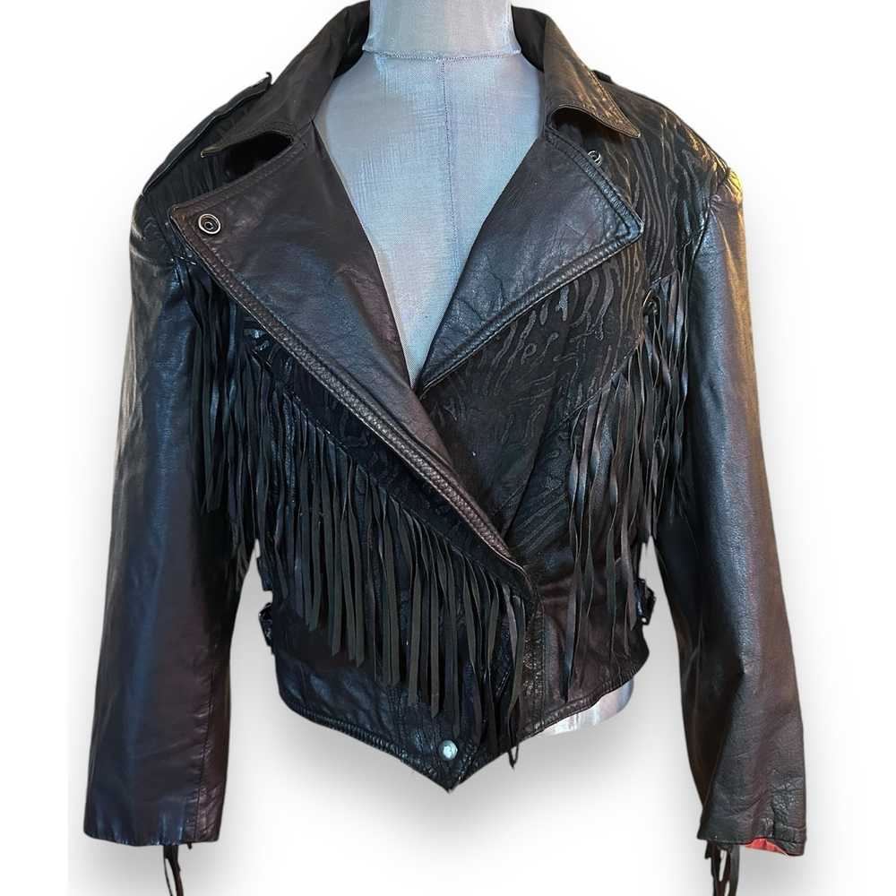 Vintage CHIA Black Leather Fringe Biker Motorcycl… - image 2