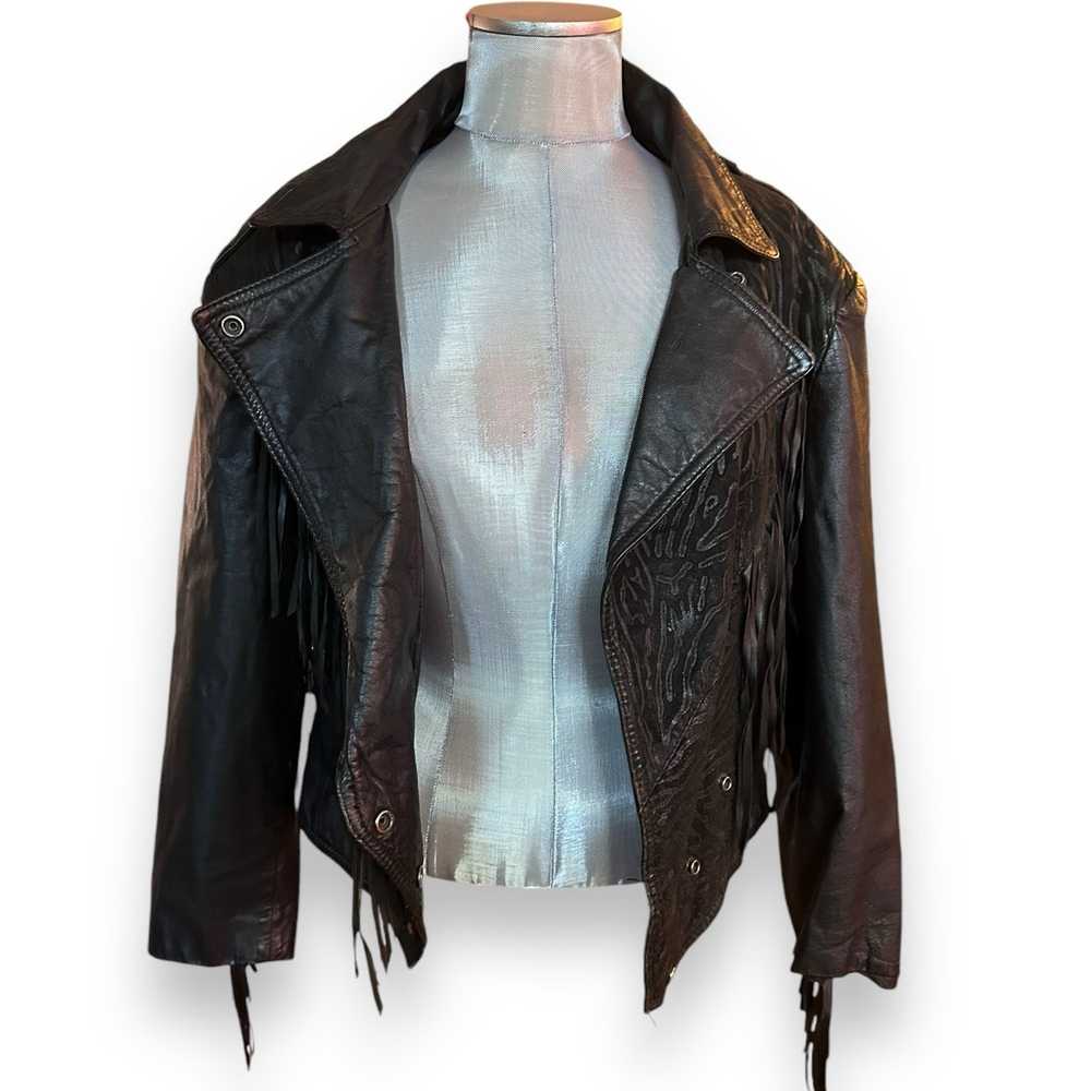 Vintage CHIA Black Leather Fringe Biker Motorcycl… - image 5