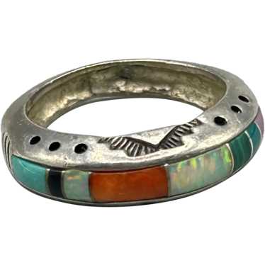 Native American Sterling Ring with Inlaid Stones … - image 1