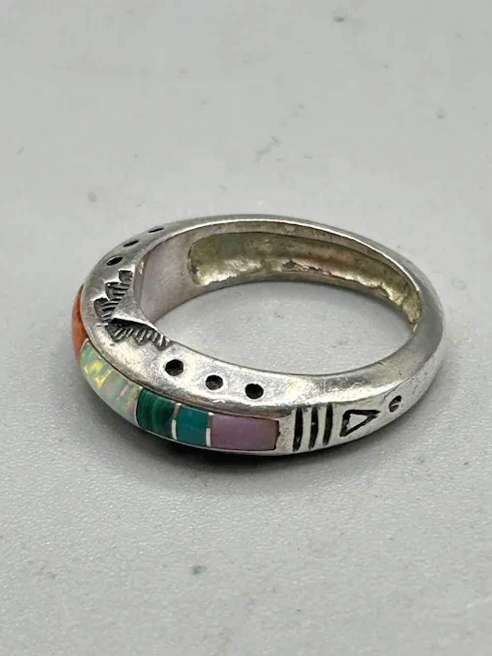 Native American Sterling Ring with Inlaid Stones … - image 2