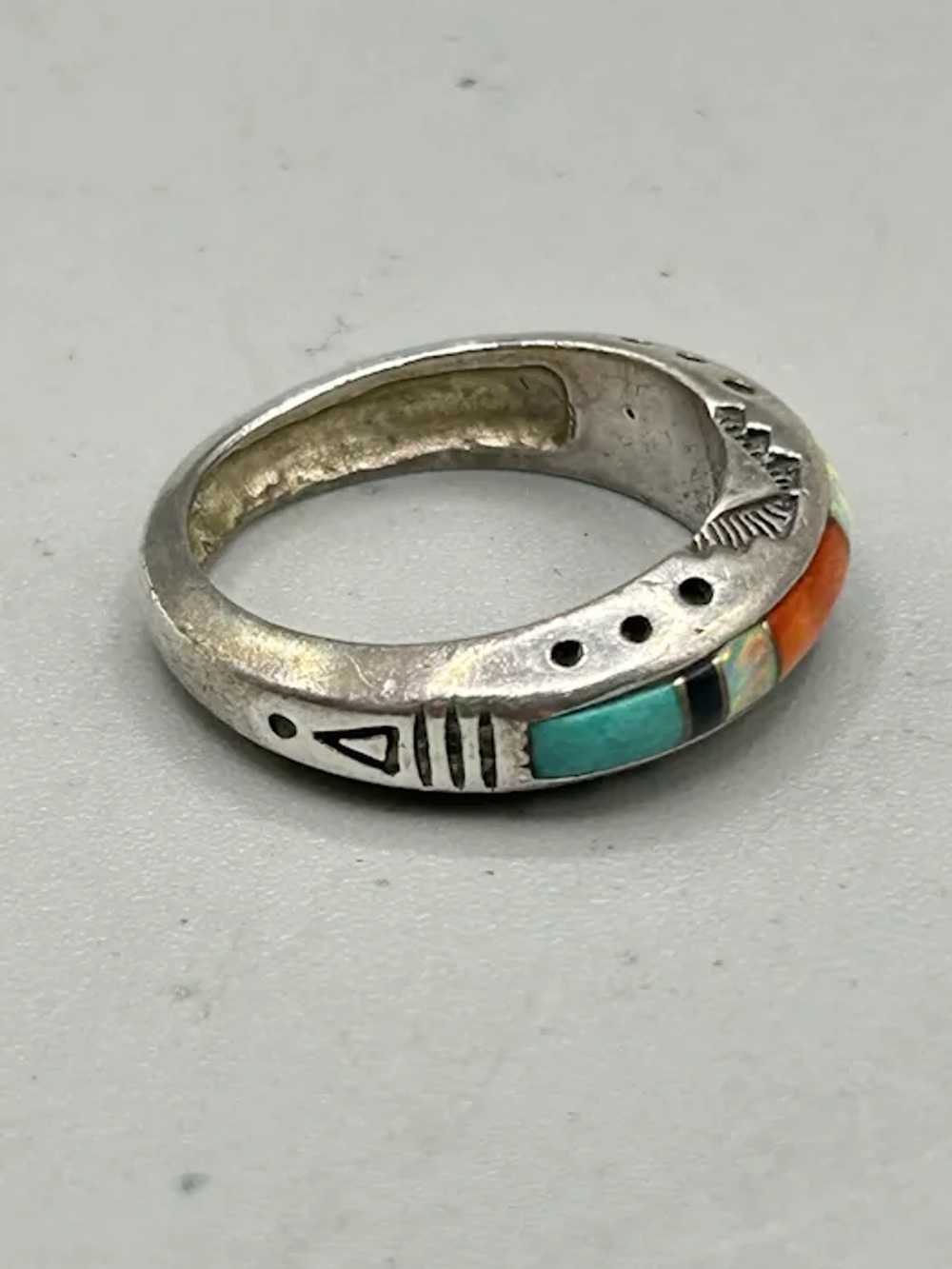 Native American Sterling Ring with Inlaid Stones … - image 3