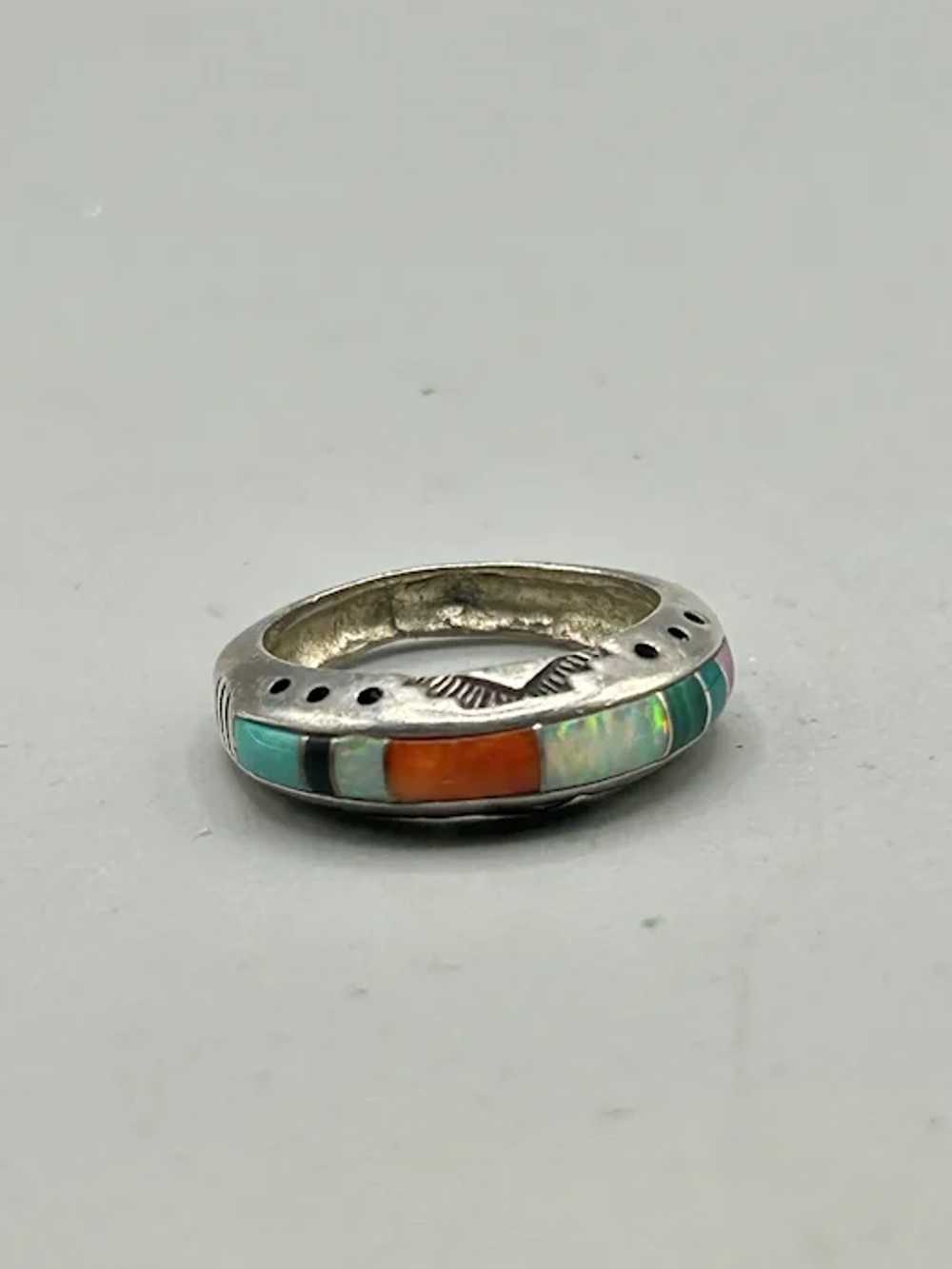 Native American Sterling Ring with Inlaid Stones … - image 4