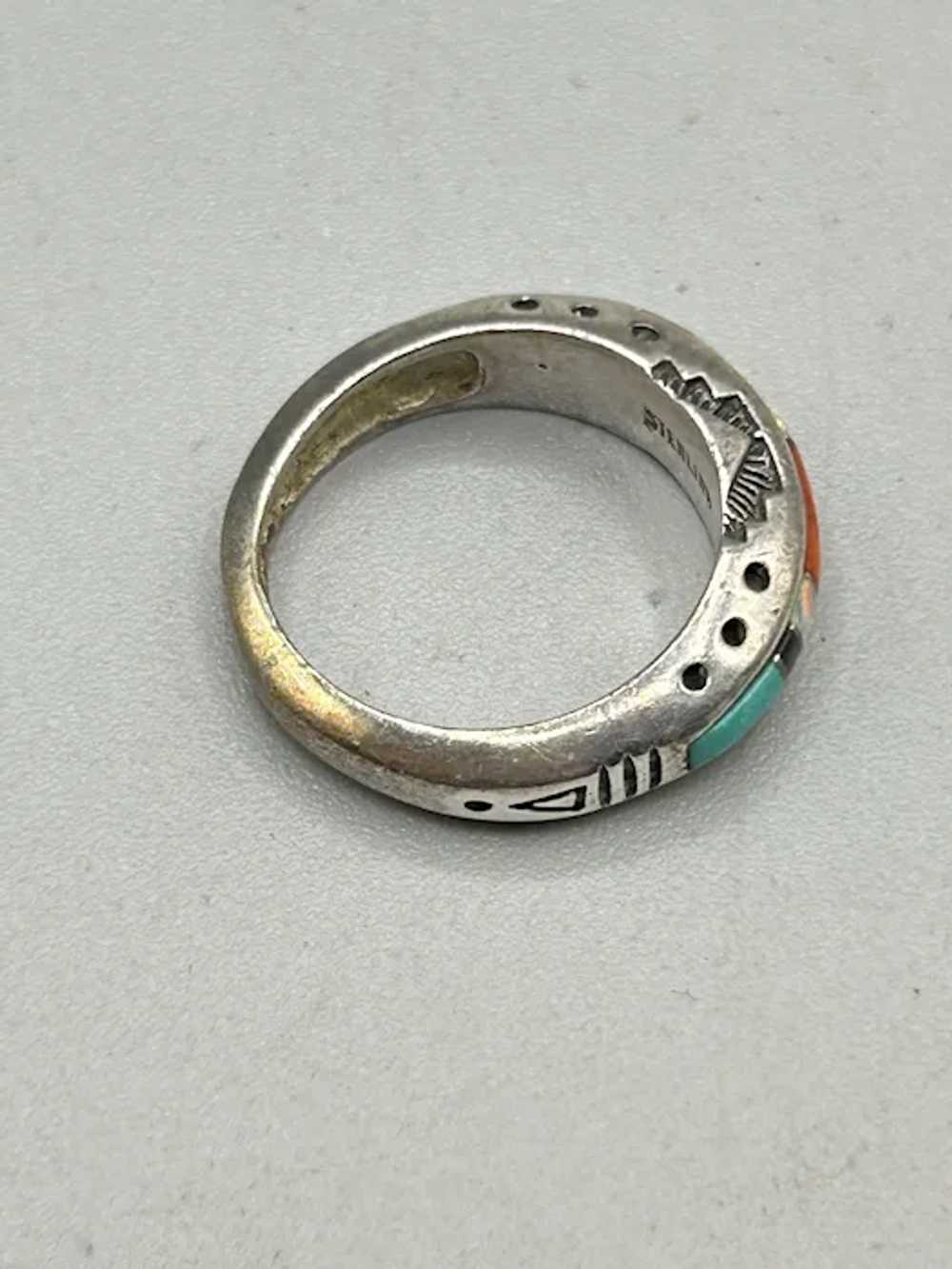 Native American Sterling Ring with Inlaid Stones … - image 6