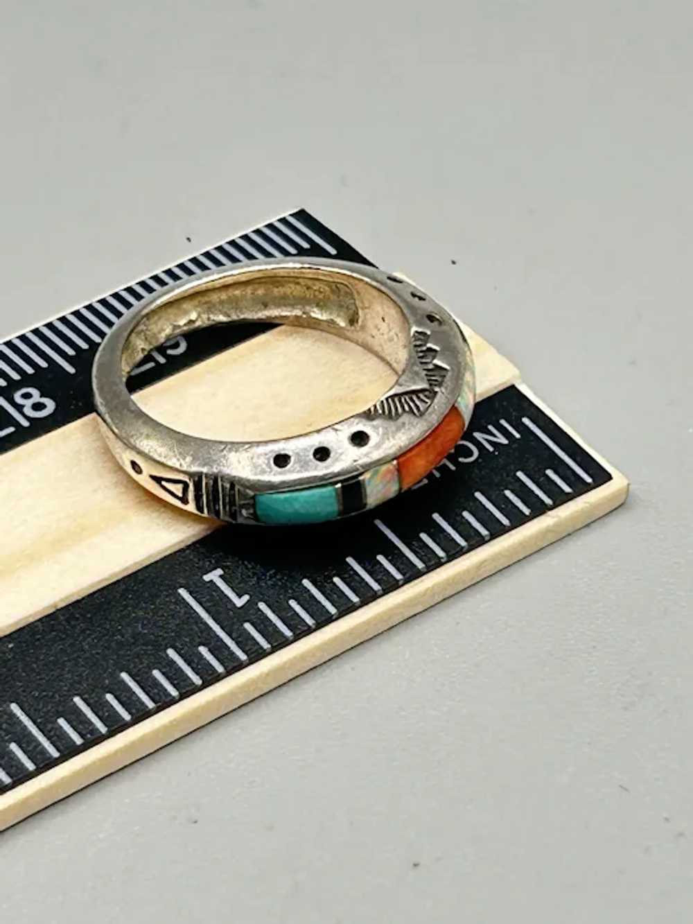 Native American Sterling Ring with Inlaid Stones … - image 7