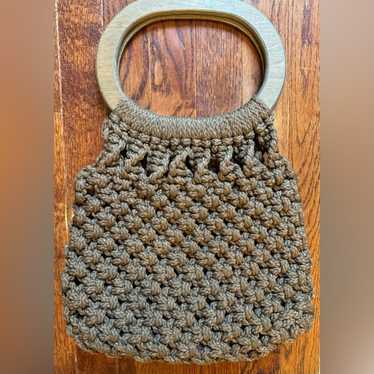 Brown Vintage Macrame Purse Wood Handle Perfect F… - image 1