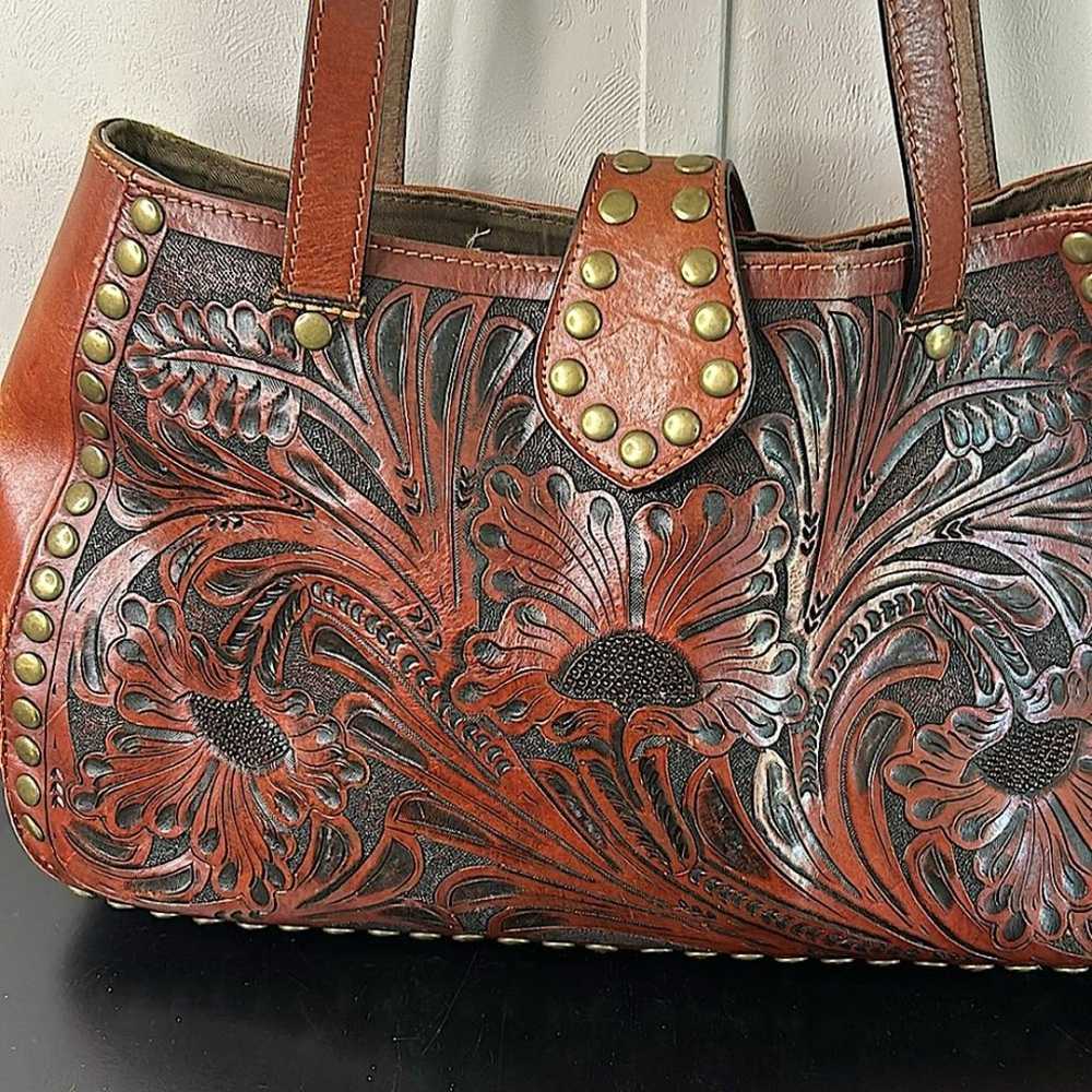 LEATHER HANDBAG | HAND TOOLED | UNMARKED - image 2